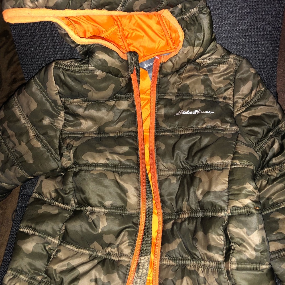 Camo/orange toddler Eddie Bauer puffer coat
